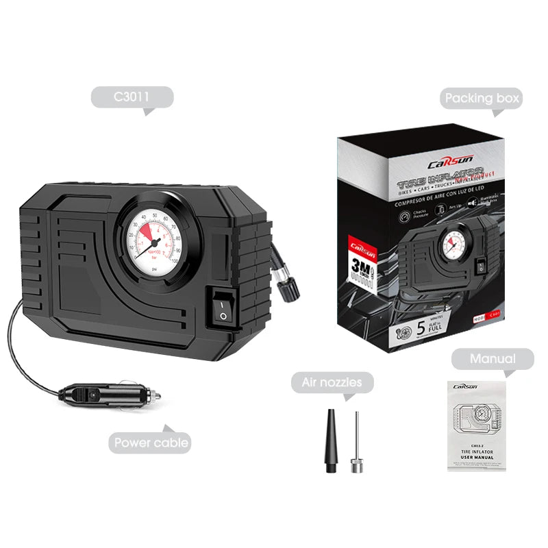 CARSUN Mini Portable Tire Inflator – Electric Air Pump 20L/Min for Car, Motorcycle & Bicycle