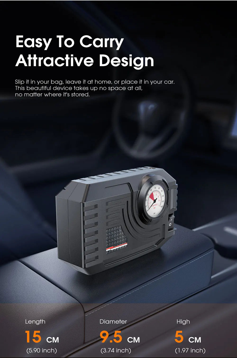 CARSUN Mini Portable Tire Inflator – Electric Air Pump 20L/Min for Car, Motorcycle & Bicycle