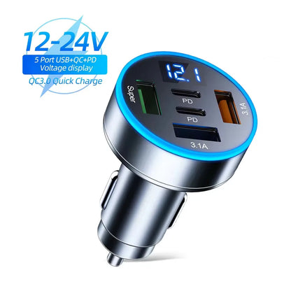 250W 5-Port Fast Car Charger – PD & QC3.0 USB-C Adapter for iPhone & Android
