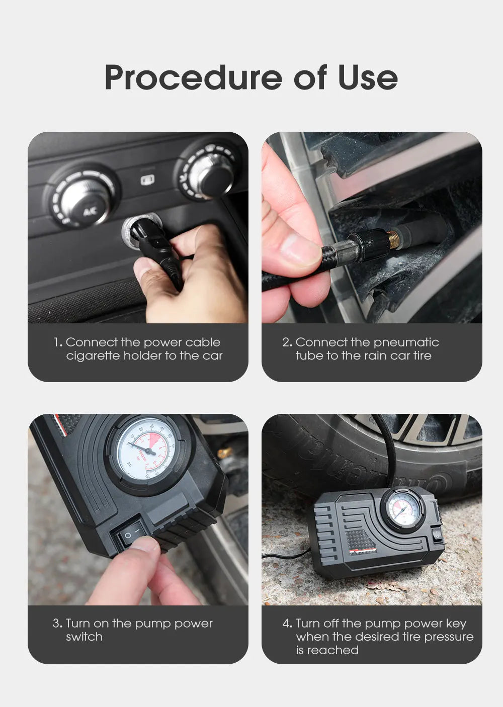 CARSUN Mini Portable Tire Inflator – Electric Air Pump 20L/Min for Car, Motorcycle & Bicycle