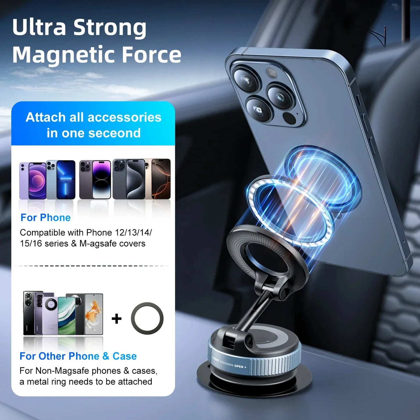 Electric Vacuum Magnetic Car Phone Mount – Foldable Strong Suction Holder for iPhone & Android