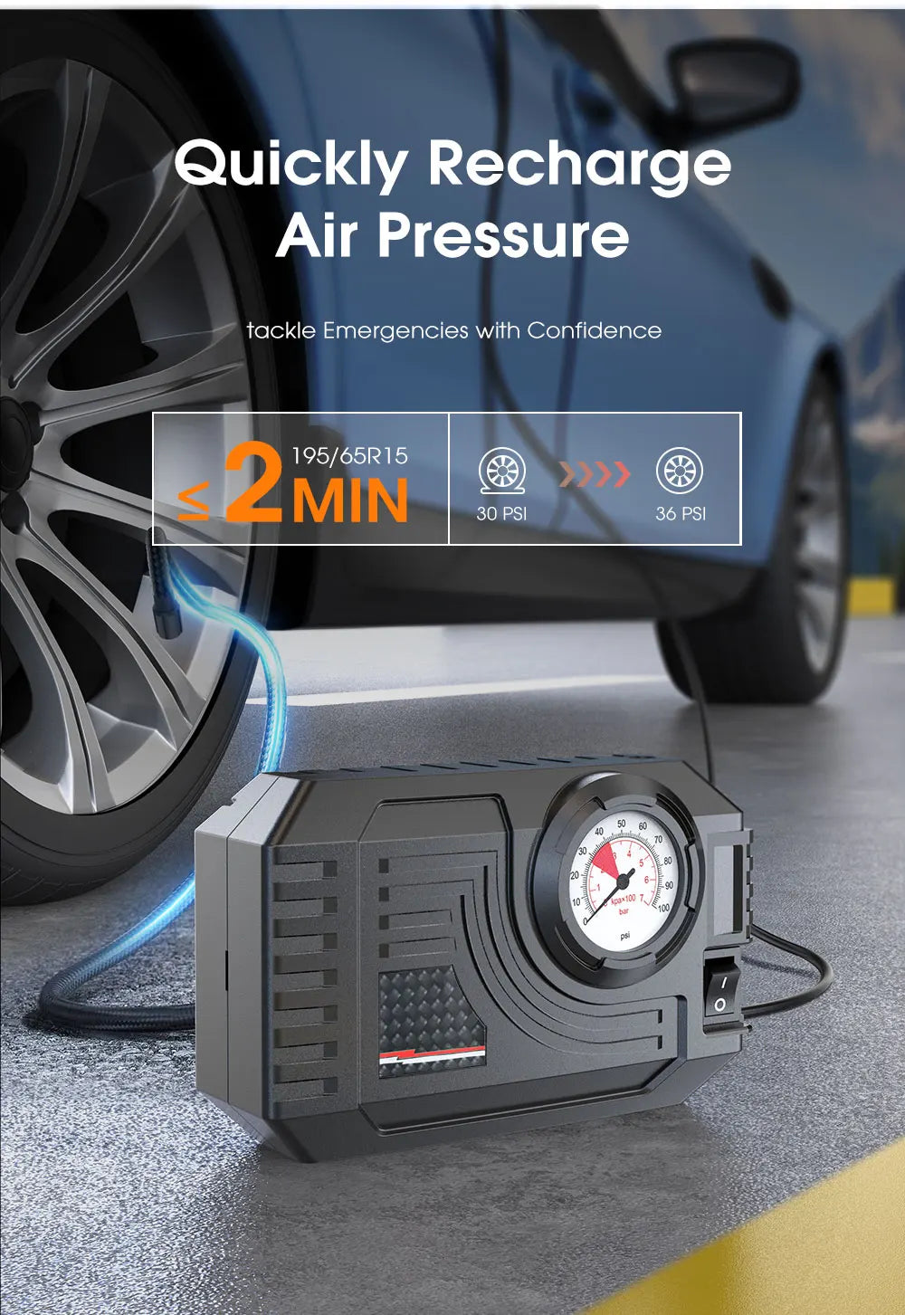 CARSUN Mini Portable Tire Inflator – Electric Air Pump 20L/Min for Car, Motorcycle & Bicycle