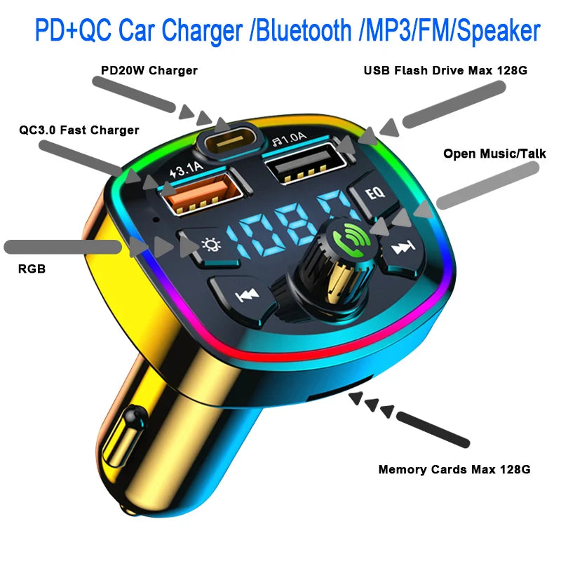 Car Bluetooth 5.0 FM Transmitter – Wireless Audio Adapter with Mic, MP3 Player & Dual USB Fast Charger