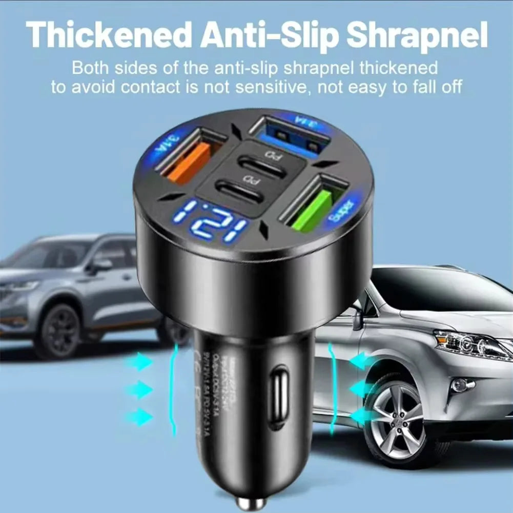 250W 5-Port Fast Car Charger – PD & QC3.0 USB-C Adapter for iPhone & Android