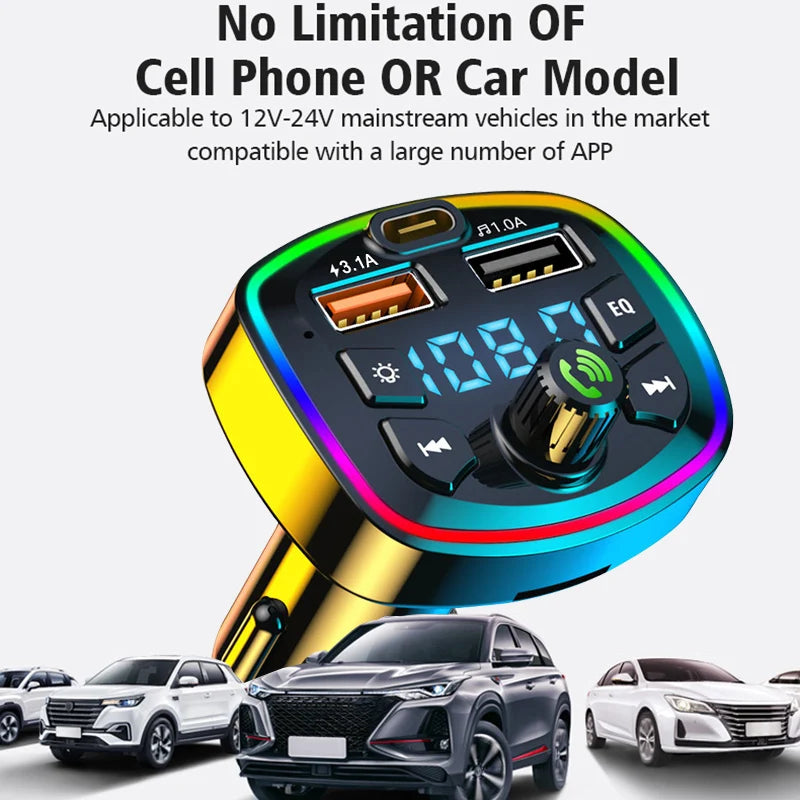 Car Bluetooth 5.0 FM Transmitter – Wireless Audio Adapter with Mic, MP3 Player & Dual USB Fast Charger