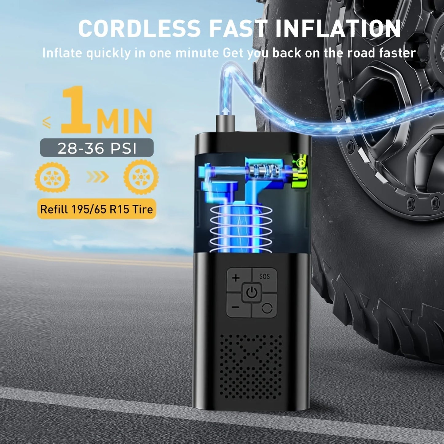 Cordless Tire Inflator Pump – 150PSI, 3x Faster Inflation, Digital Gauge for Car, Motorcycle & Bike