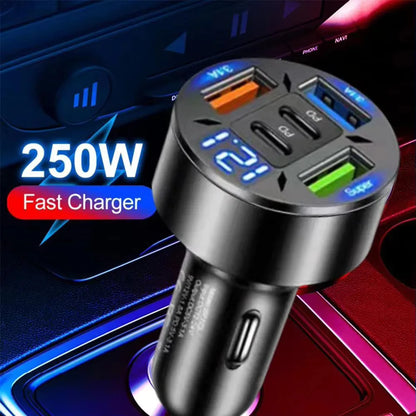 250W 5-Port Fast Car Charger – PD & QC3.0 USB-C Adapter for iPhone & Android