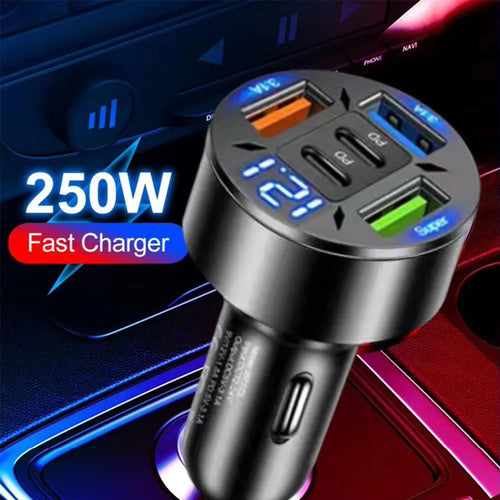 250W 5-Port Fast Car Charger – PD & QC3.0 USB-C Adapter for iPhone & Android