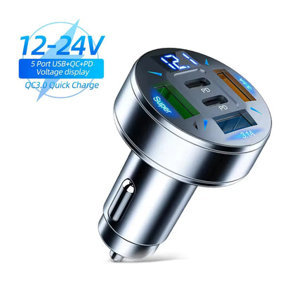 250W 5-Port Fast Car Charger – PD & QC3.0 USB-C Adapter for iPhone & Android